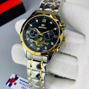 (BESTWIN CHRONOGRAPH TWO_TONE CHAIN WITH BLACK DIAL)