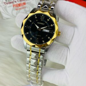 HOURSLY DAY AND DATE WORKING ( TWO TONE CHAIN WITH GOLDEN BLACK DIAL)