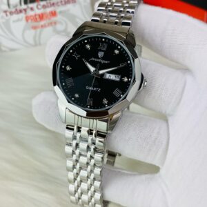 HOURSLY DAY AND DATE WORKING ( SILVER CHAIN WITH BLACK DIAL)