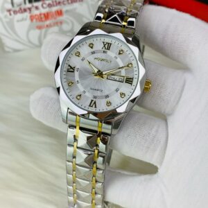 HOURSLY DAY AND DATE WORKING ( TWO TONE CHAIN WITH WHITE DIAL)