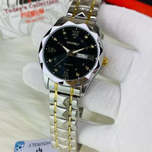 HOURSLY DAY AND DATE WORKING ( TWO TONE  CHAIN WITH BLACK DIAL)