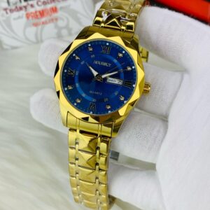 HOURSLY DAY AND DATE WORKING ( GOLDEN CHAIN WITH BLUE DIAL)